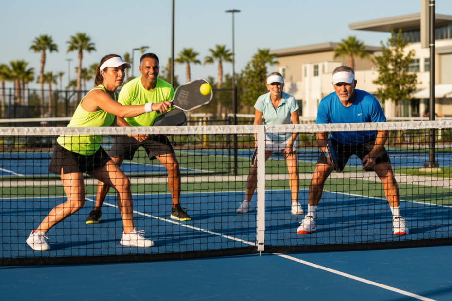 Four pickleball players strategically positioned for a doubles match at the kitchen line