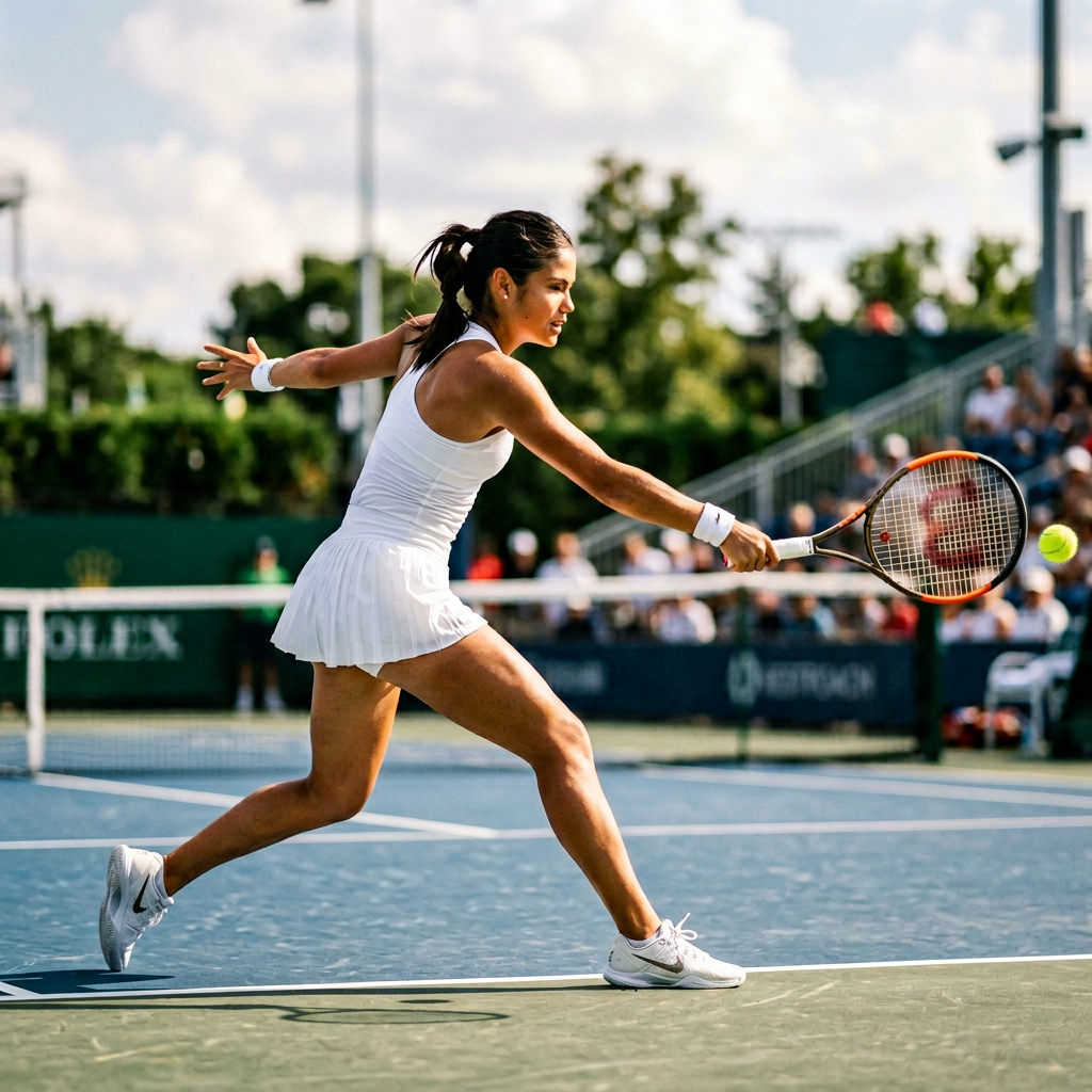 A tennis player hitting a one-handed slice backhand with full extension.