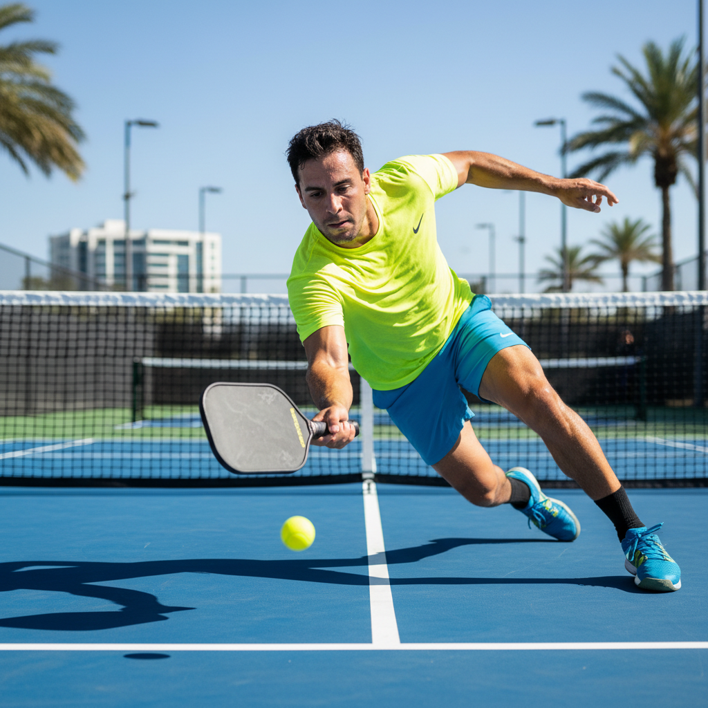 A lone pickleball player lunging for a low ball on an outdoor court